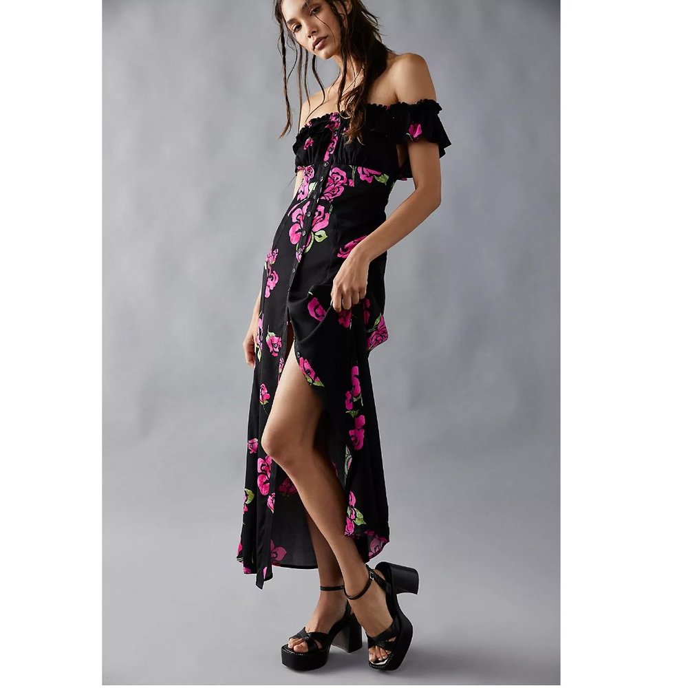 NEW Free People She's A Dream Midi Dress Ruffle Off the Shoulder Black Floral